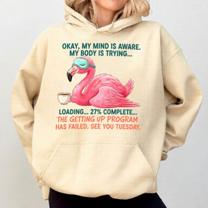 Hilarious Tired Flamingo Coffee T-Shirt - The Ultimate "Getting Up Program Failed" Tee - FlamingoAholic