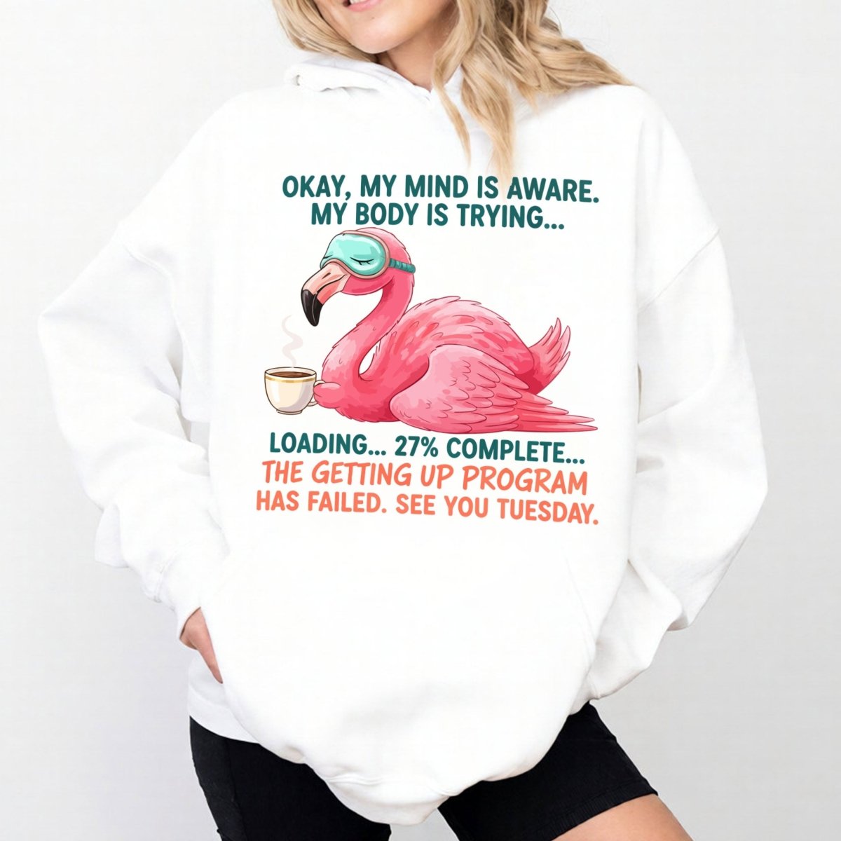Hilarious Tired Flamingo Coffee T-Shirt - The Ultimate "Getting Up Program Failed" Tee - FlamingoAholic