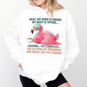 Hilarious Tired Flamingo Coffee T-Shirt - The Ultimate "Getting Up Program Failed" Tee - FlamingoAholic