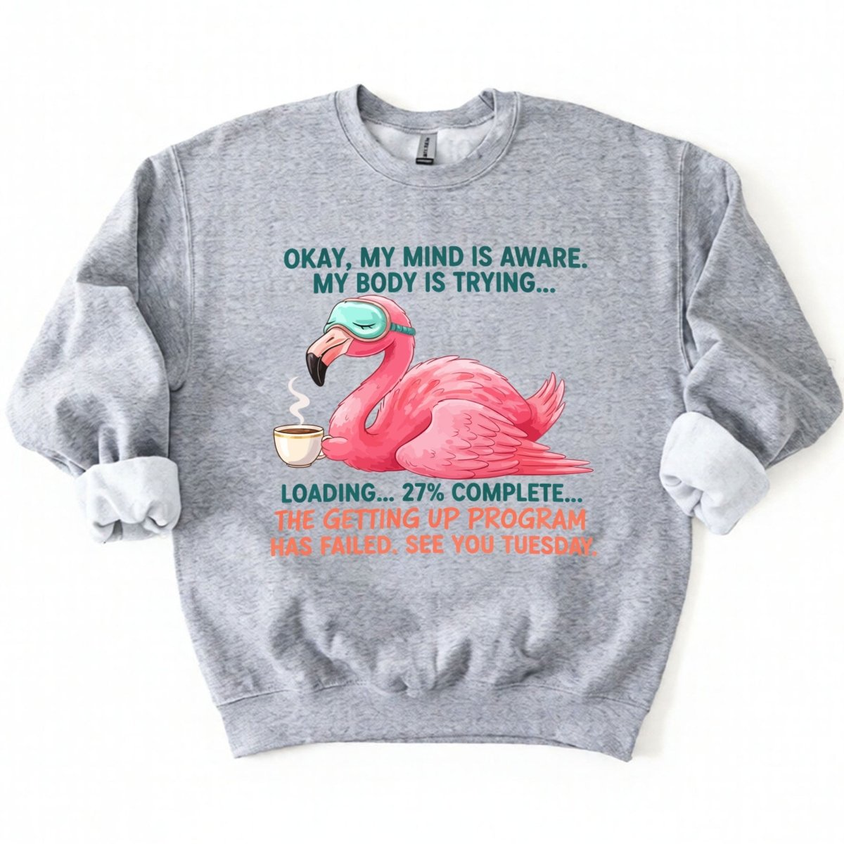 Hilarious Tired Flamingo Coffee T-Shirt - The Ultimate "Getting Up Program Failed" Tee - FlamingoAholic