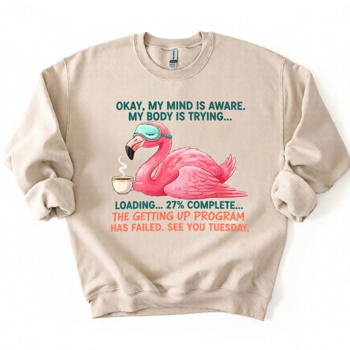 Hilarious Tired Flamingo Coffee T-Shirt - The Ultimate "Getting Up Program Failed" Tee - FlamingoAholic