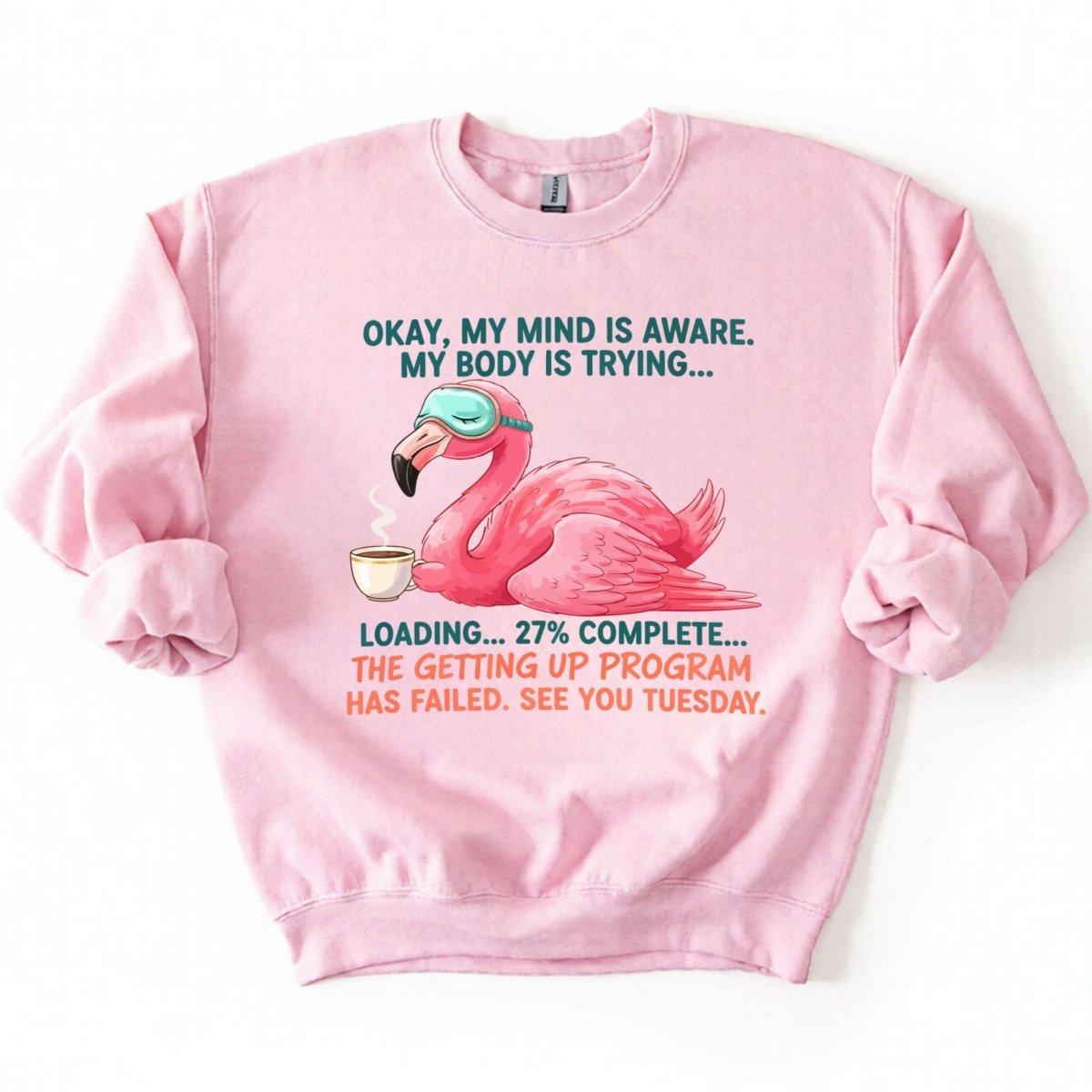Hilarious Tired Flamingo Coffee T-Shirt - The Ultimate "Getting Up Program Failed" Tee - FlamingoAholic