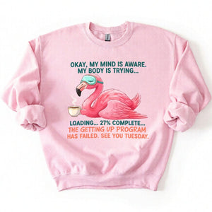 Hilarious Tired Flamingo Coffee T-Shirt - The Ultimate "Getting Up Program Failed" Tee - FlamingoAholic