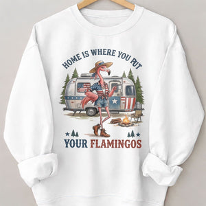 Home Is Where You Put Your Flamingos RV Camping Patriotic Shirt - FlamingoAholic