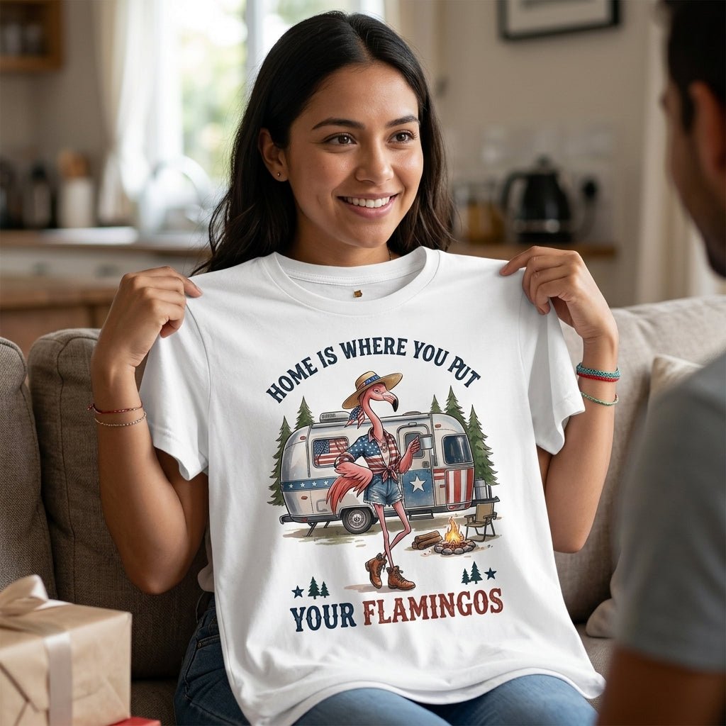 Home Is Where You Put Your Flamingos RV Camping Patriotic Shirt - FlamingoAholic