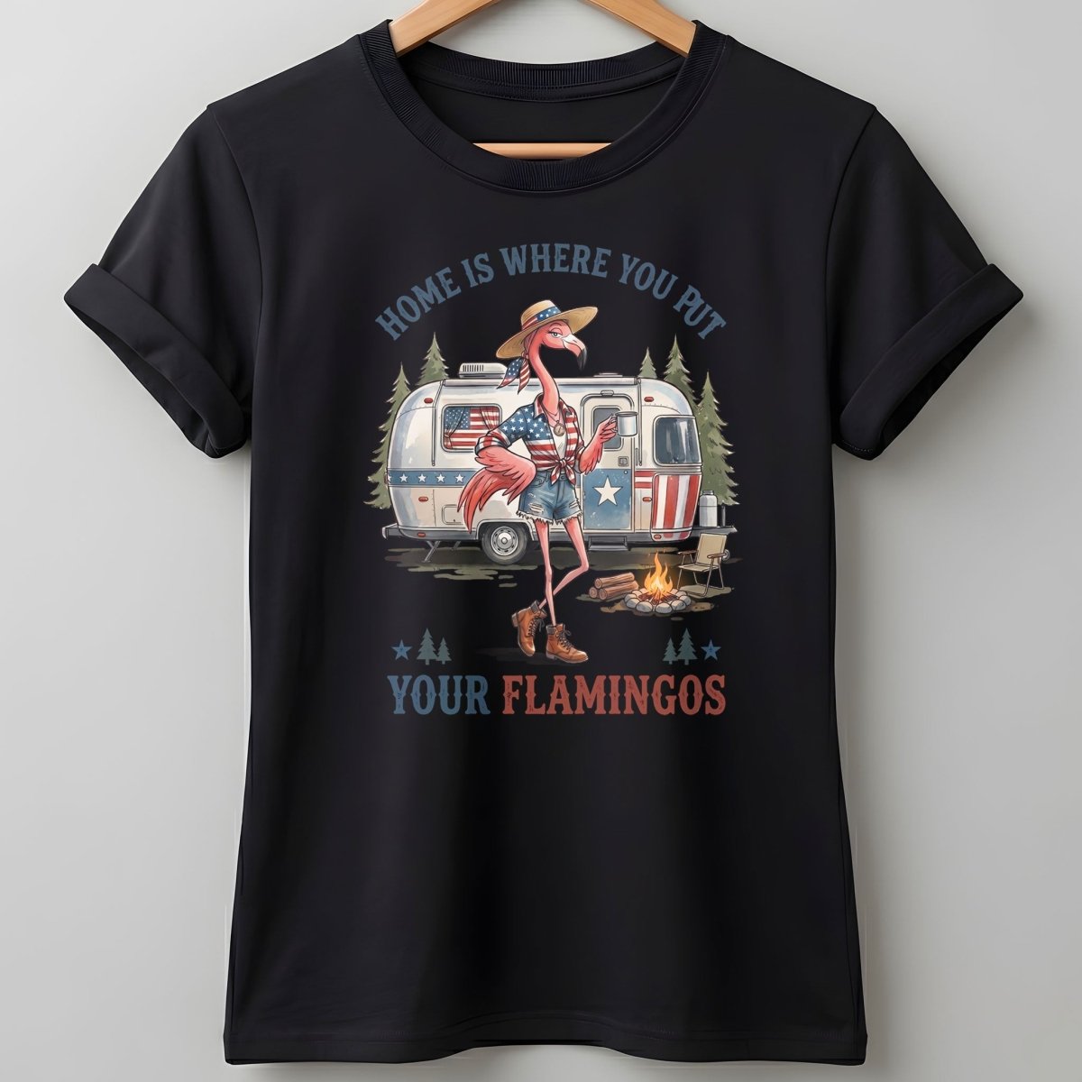 Home Is Where You Put Your Flamingos RV Camping Patriotic Shirt - FlamingoAholic