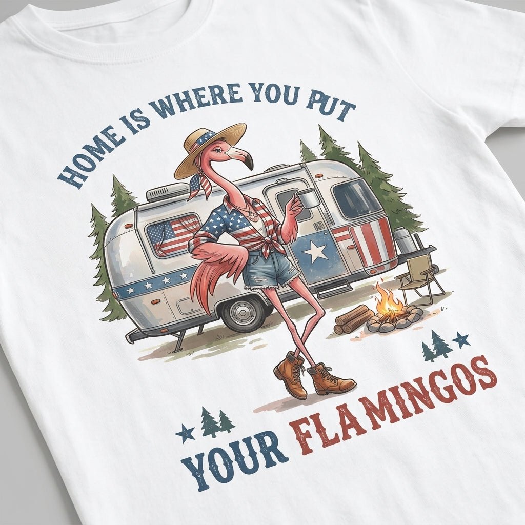Home Is Where You Put Your Flamingos RV Camping Patriotic Shirt - FlamingoAholic