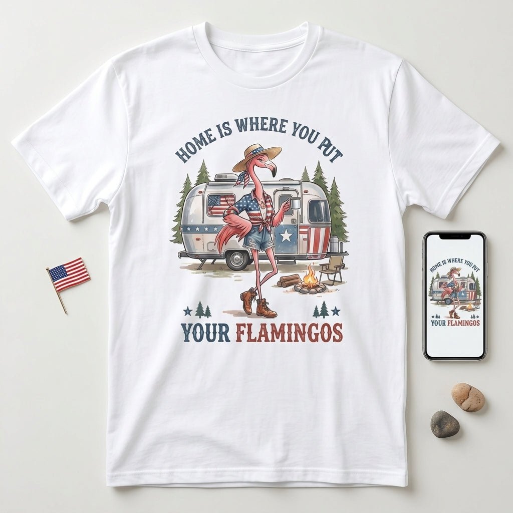 Home Is Where You Put Your Flamingos RV Camping Patriotic Shirt - FlamingoAholic