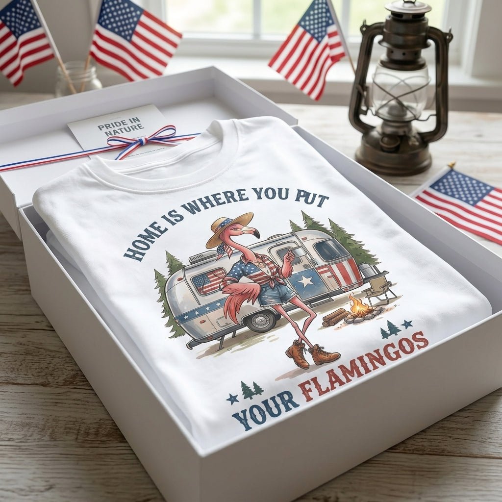 Home Is Where You Put Your Flamingos RV Camping Patriotic Shirt - FlamingoAholic