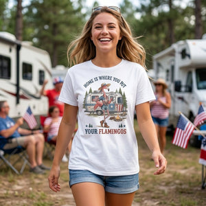 Home Is Where You Put Your Flamingos RV Camping Patriotic Shirt - FlamingoAholic