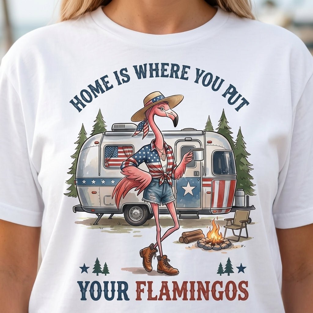 Home Is Where You Put Your Flamingos RV Camping Patriotic Shirt - FlamingoAholic