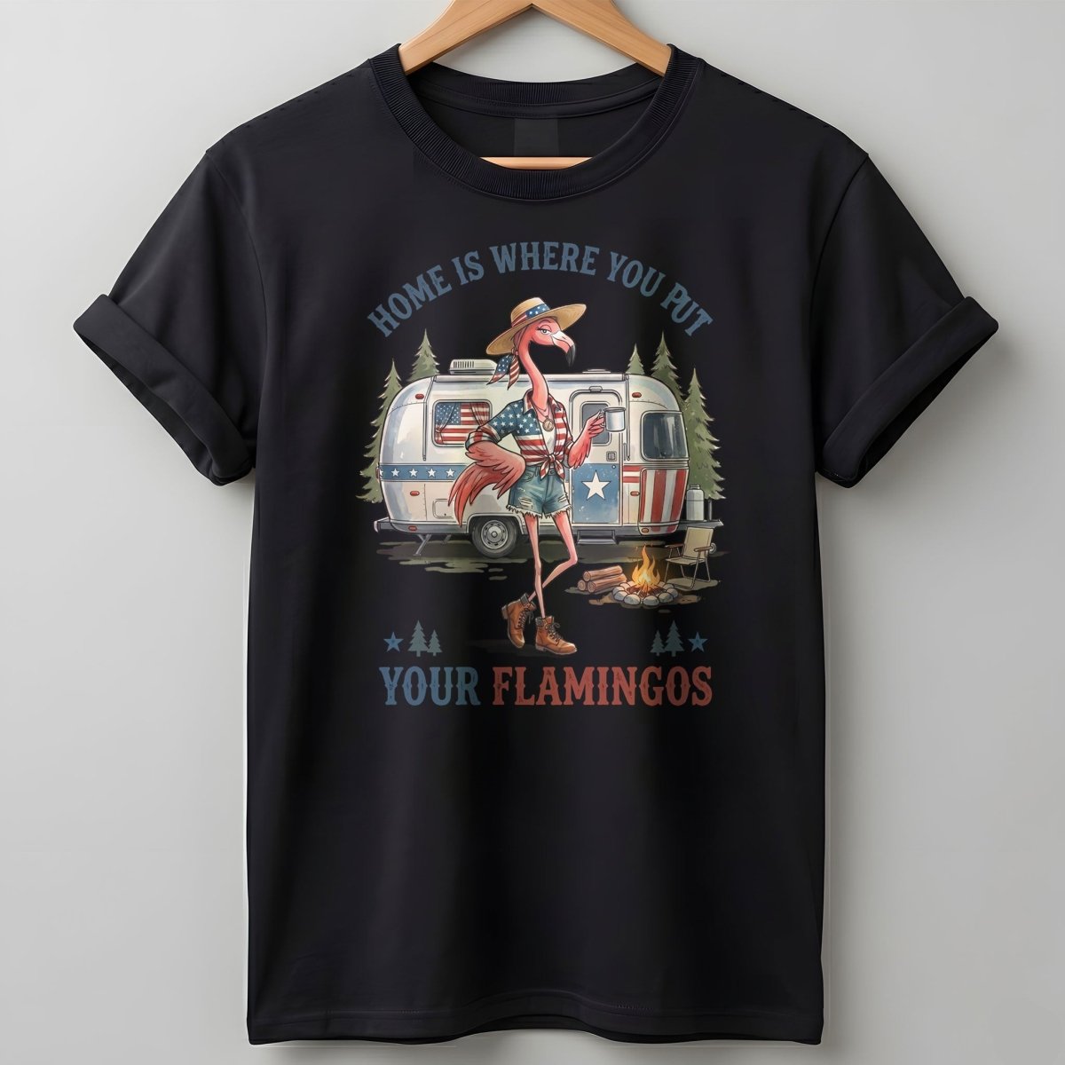 Home Is Where You Put Your Flamingos RV Camping Patriotic Shirt - FlamingoAholic
