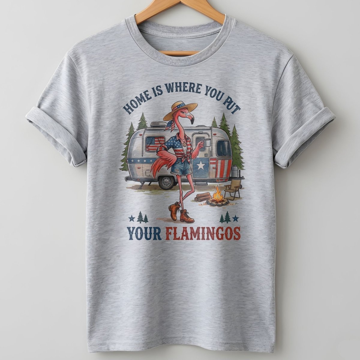 Home Is Where You Put Your Flamingos RV Camping Patriotic Shirt - FlamingoAholic