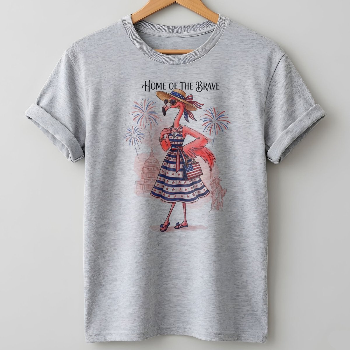 Home of the Brave Patriotic Chic Flamingo July 4th Shirt - FlamingoAholic