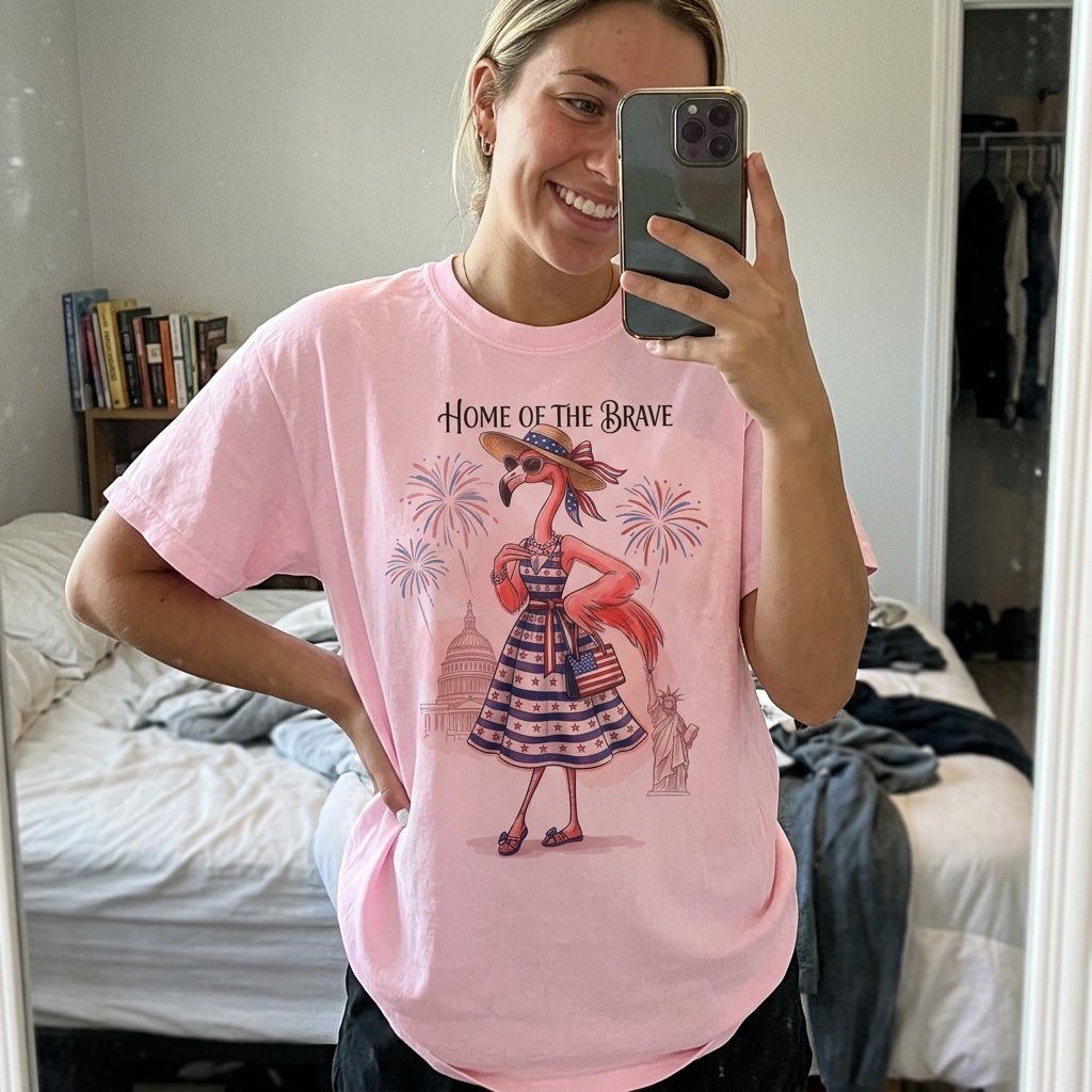 Home of the Brave Patriotic Chic Flamingo July 4th Shirt - FlamingoAholic