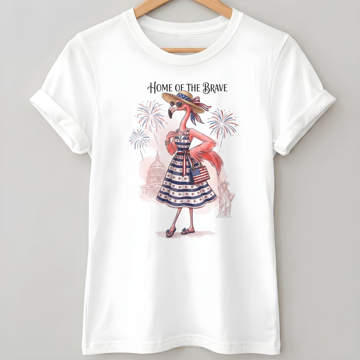 Home of the Brave Patriotic Chic Flamingo July 4th Shirt - FlamingoAholic