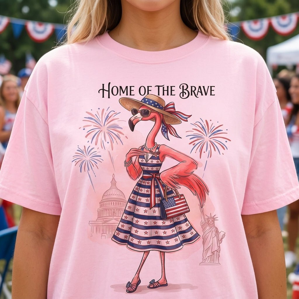Home of the Brave Patriotic Chic Flamingo July 4th Shirt - FlamingoAholic