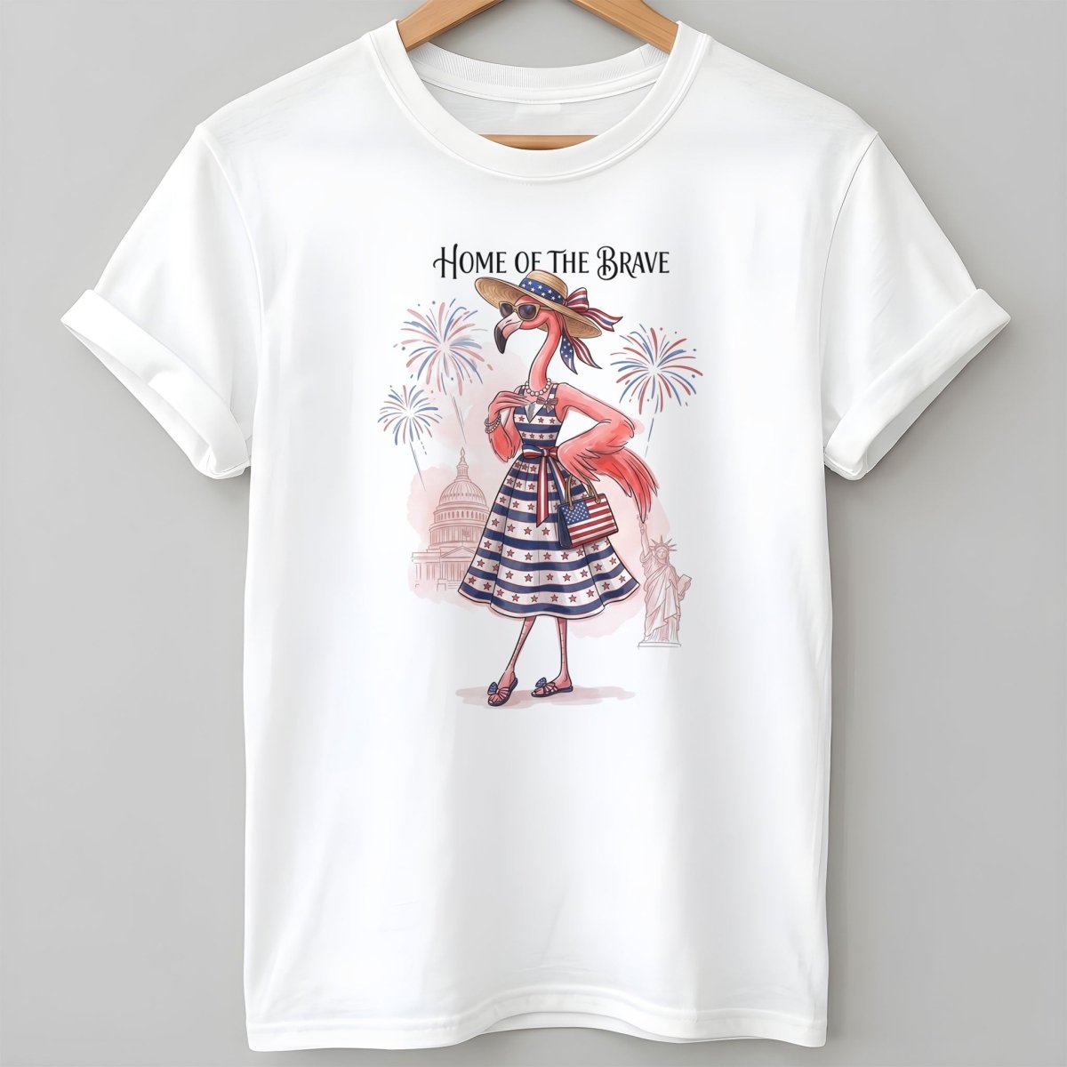 Home of the Brave Patriotic Chic Flamingo July 4th Shirt - FlamingoAholic
