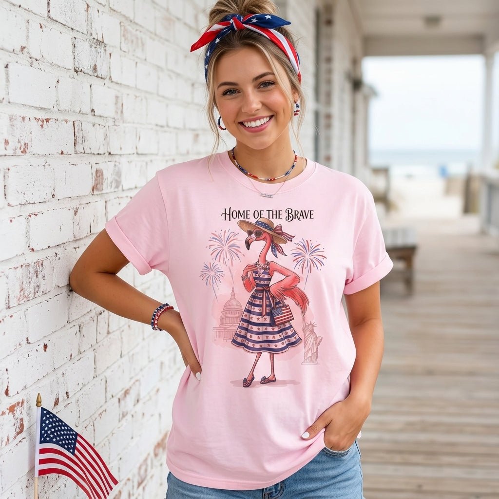 Home of the Brave Patriotic Chic Flamingo July 4th Shirt - FlamingoAholic