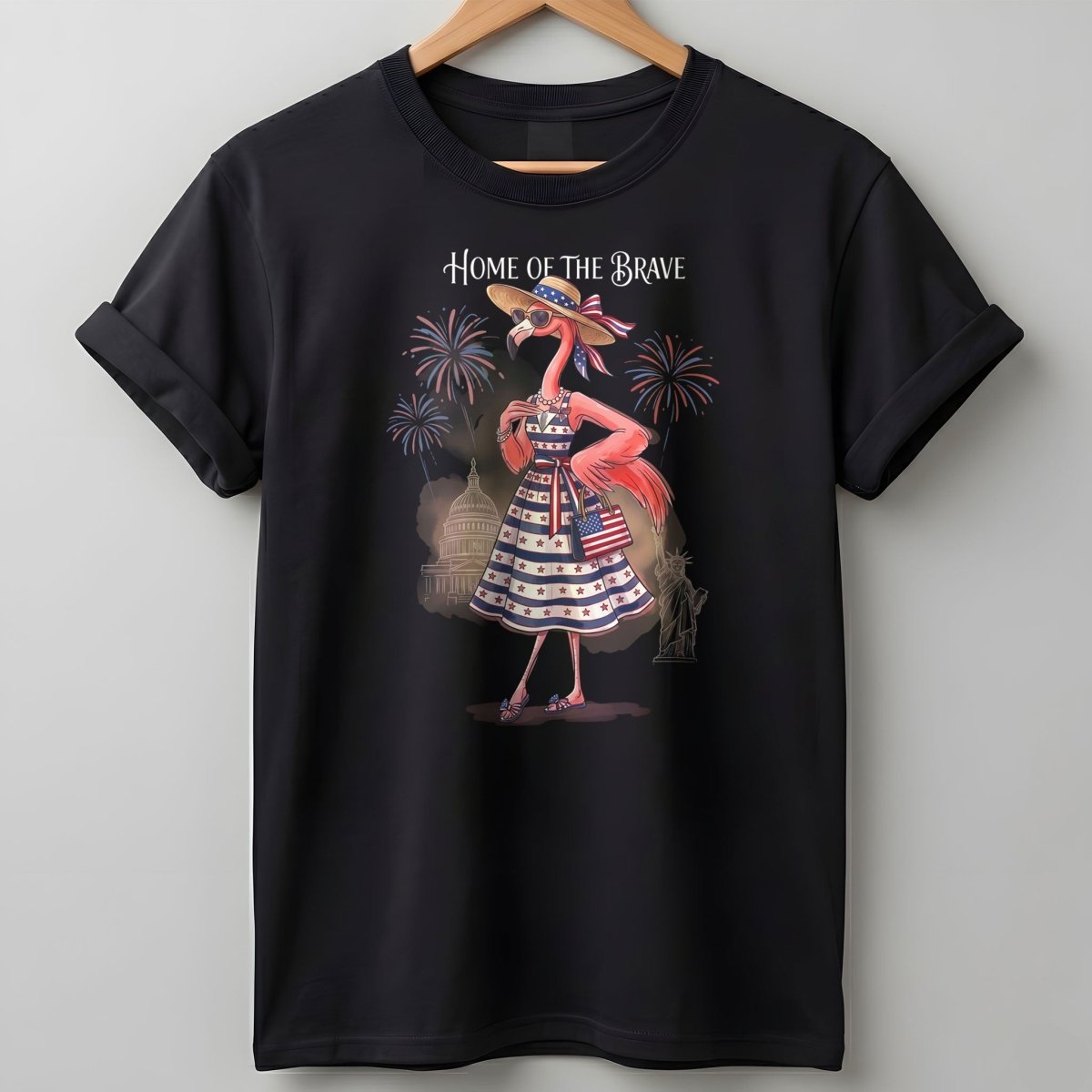 Home of the Brave Patriotic Chic Flamingo July 4th Shirt - FlamingoAholic