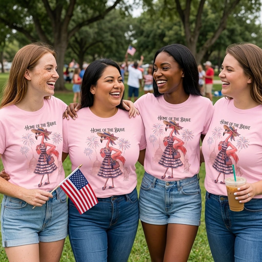 Home of the Brave Patriotic Chic Flamingo July 4th Shirt - FlamingoAholic