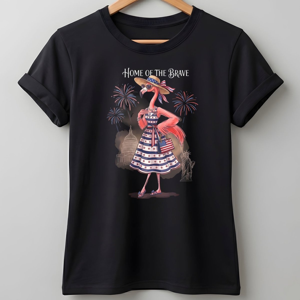 Home of the Brave Patriotic Chic Flamingo July 4th Shirt - FlamingoAholic