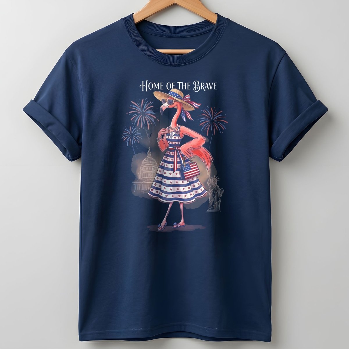 Home of the Brave Patriotic Chic Flamingo July 4th Shirt - FlamingoAholic