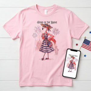 Home of the Brave Patriotic Chic Flamingo July 4th Shirt - FlamingoAholic