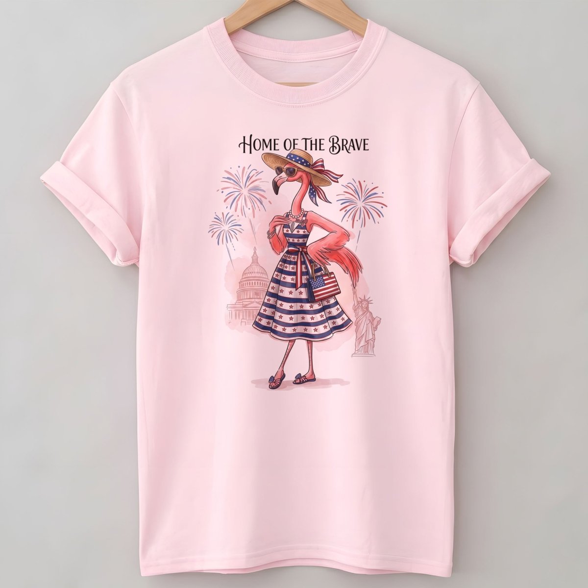 Home of the Brave Patriotic Chic Flamingo July 4th Shirt - FlamingoAholic