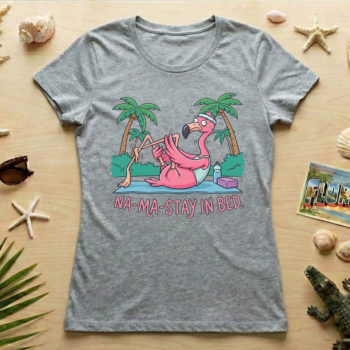 Humorous Flamingo Yoga T-Shirt "Na - Ma - Stay In Bed" - Funny Gift for Glam Ma - FlamingoAholic