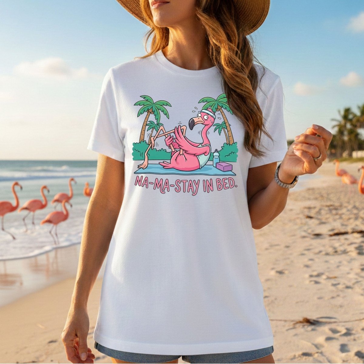 Humorous Flamingo Yoga T-Shirt "Na - Ma - Stay In Bed" - Funny Gift for Glam Ma - FlamingoAholic
