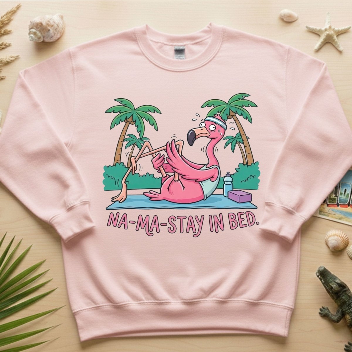 Humorous Flamingo Yoga T-Shirt "Na - Ma - Stay In Bed" - Funny Gift for Glam Ma - FlamingoAholic