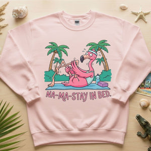 Humorous Flamingo Yoga T-Shirt "Na - Ma - Stay In Bed" - Funny Gift for Glam Ma - FlamingoAholic
