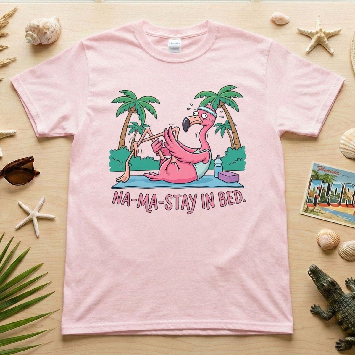 Humorous Flamingo Yoga T-Shirt "Na - Ma - Stay In Bed" - Funny Gift for Glam Ma - FlamingoAholic