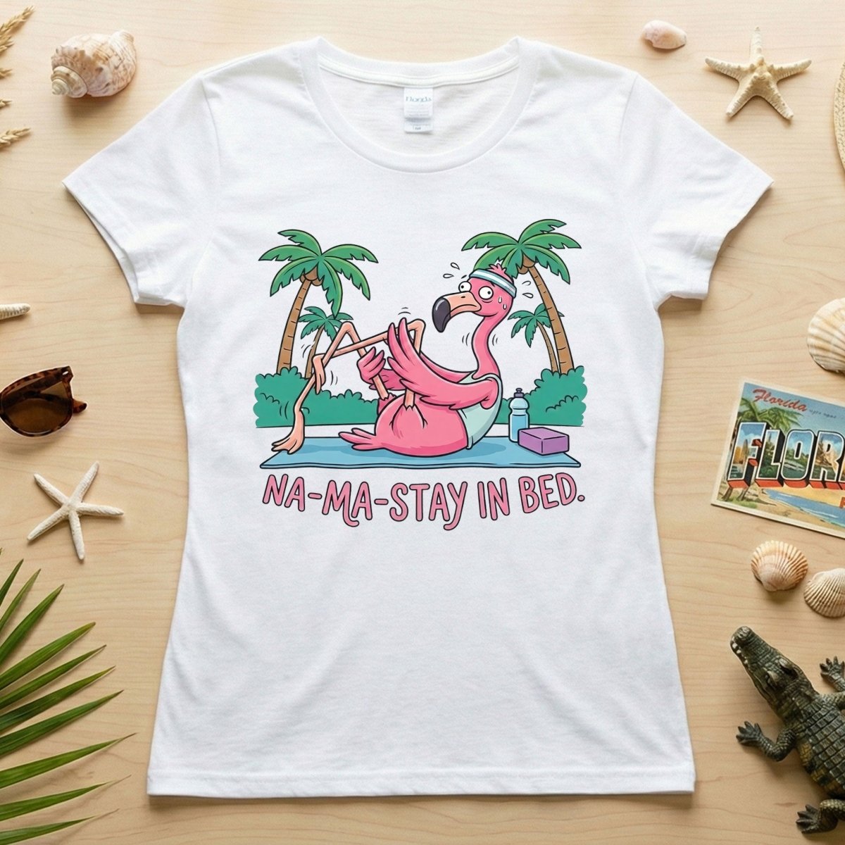 Humorous Flamingo Yoga T-Shirt "Na - Ma - Stay In Bed" - Funny Gift for Glam Ma - FlamingoAholic