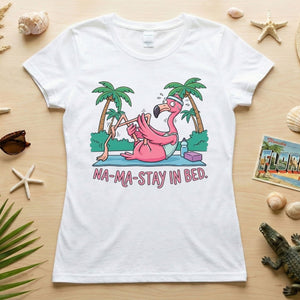 Humorous Flamingo Yoga T-Shirt "Na - Ma - Stay In Bed" - Funny Gift for Glam Ma - FlamingoAholic