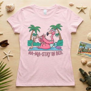 Humorous Flamingo Yoga T-Shirt "Na - Ma - Stay In Bed" - Funny Gift for Glam Ma - FlamingoAholic
