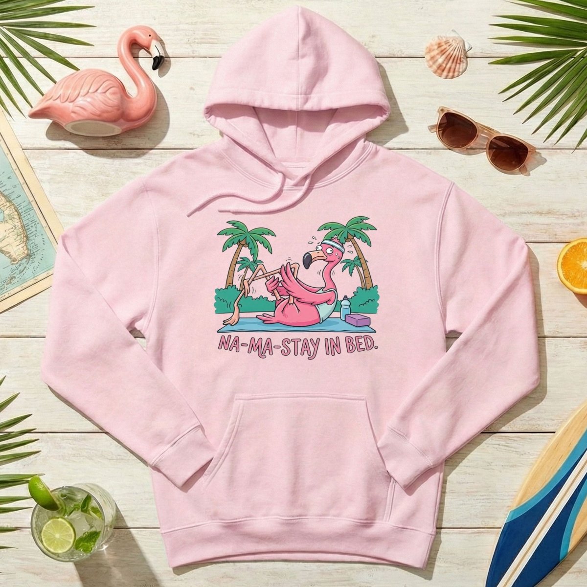 Humorous Flamingo Yoga T-Shirt "Na - Ma - Stay In Bed" - Funny Gift for Glam Ma - FlamingoAholic