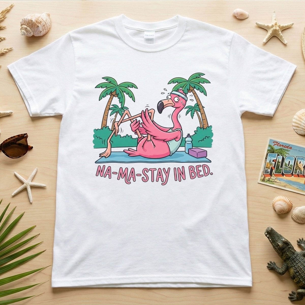 Humorous Flamingo Yoga T-Shirt "Na - Ma - Stay In Bed" - Funny Gift for Glam Ma - FlamingoAholic