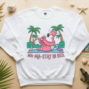 Humorous Flamingo Yoga T-Shirt "Na - Ma - Stay In Bed" - Funny Gift for Glam Ma - FlamingoAholic
