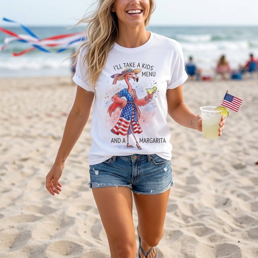 I'll Take A Kids Menu And A Margarita Flamingo Patriotic July 4th Shirt - FlamingoAholic