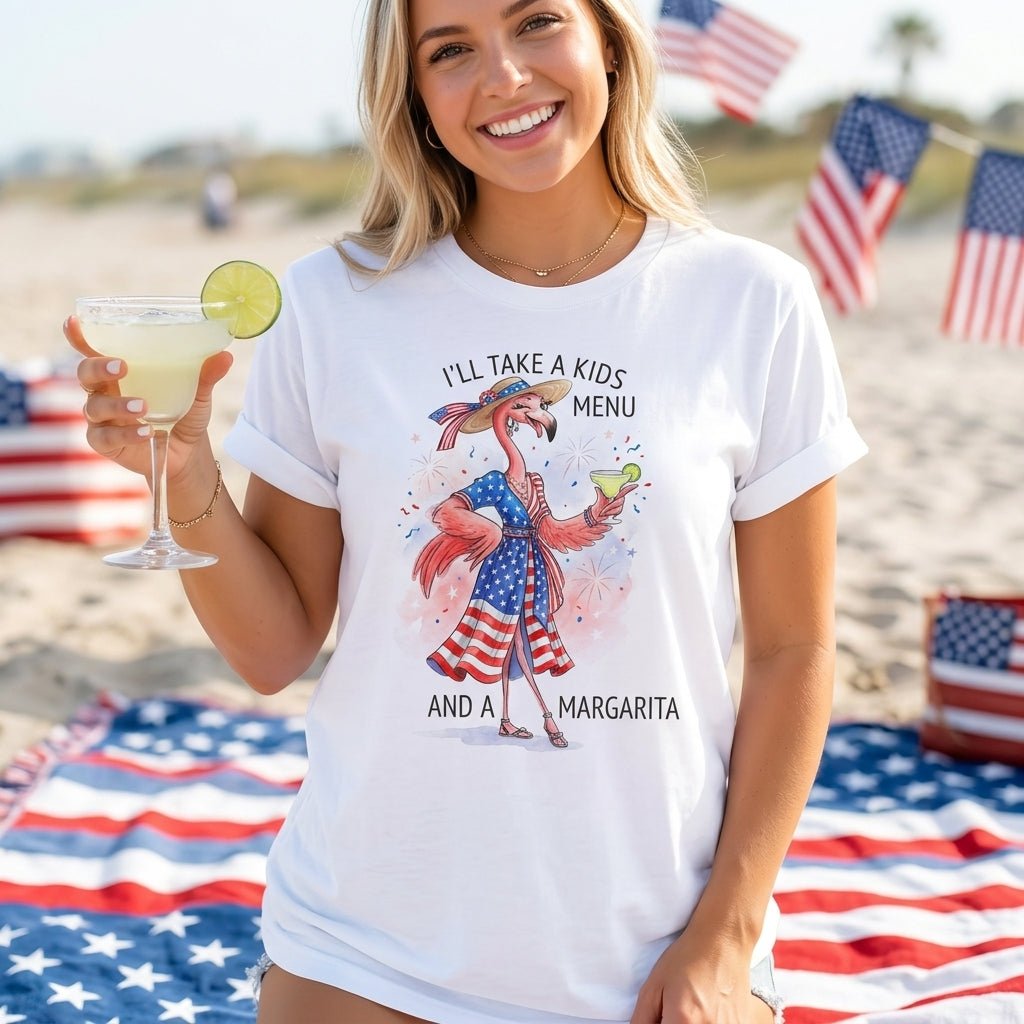 I'll Take A Kids Menu And A Margarita Flamingo Patriotic July 4th Shirt - FlamingoAholic