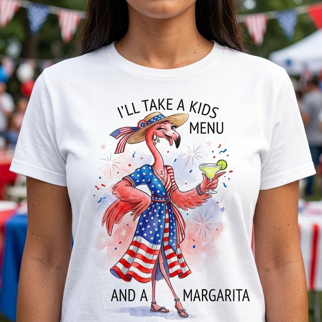 I'll Take A Kids Menu And A Margarita Flamingo Patriotic July 4th Shirt - FlamingoAholic