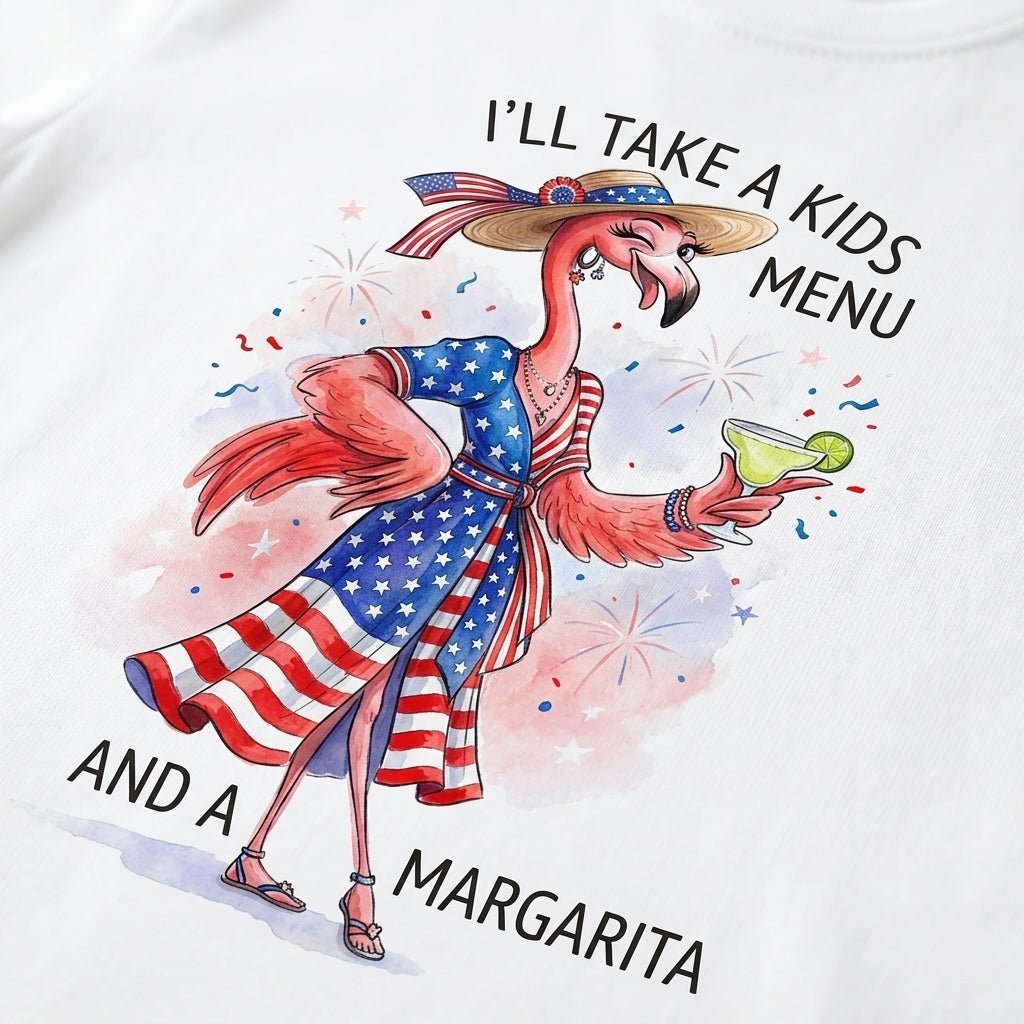 I'll Take A Kids Menu And A Margarita Flamingo Patriotic July 4th Shirt - FlamingoAholic