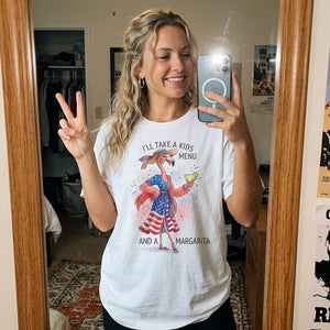 I'll Take A Kids Menu And A Margarita Flamingo Patriotic July 4th Shirt - FlamingoAholic