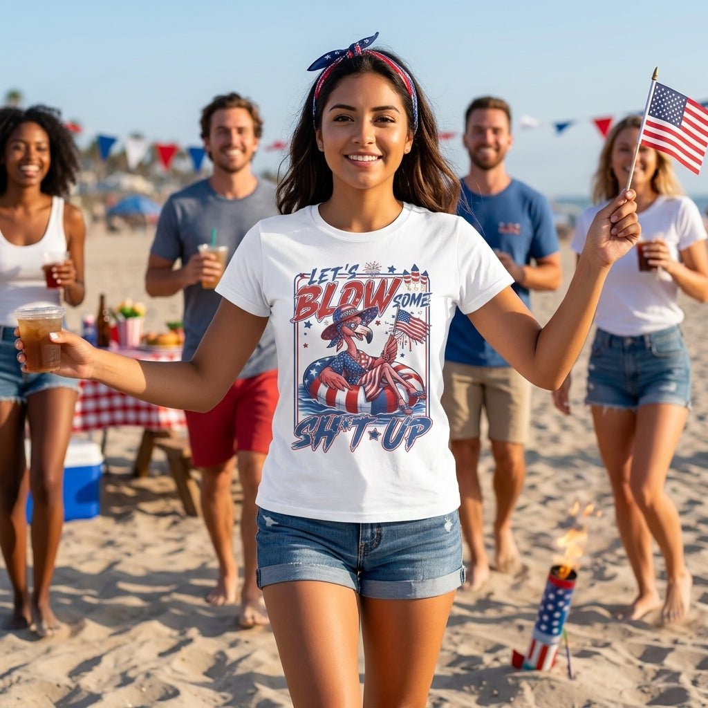 Let's Blow Some Sh*t Up Funny Patriotic Flamingo July 4th Shirt - FlamingoAholic
