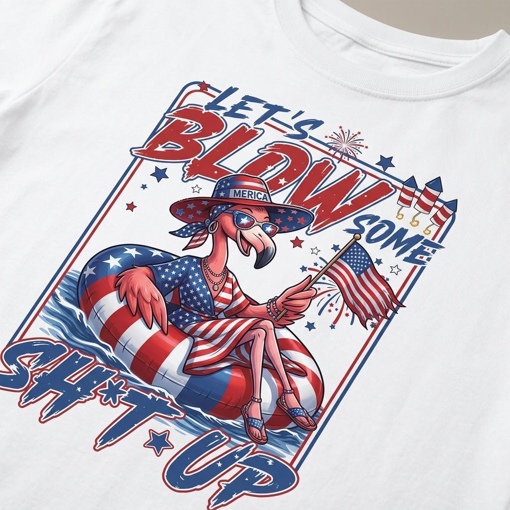 Let's Blow Some Sh*t Up Funny Patriotic Flamingo July 4th Shirt - FlamingoAholic