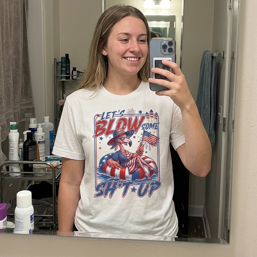 Let's Blow Some Sh*t Up Funny Patriotic Flamingo July 4th Shirt - FlamingoAholic