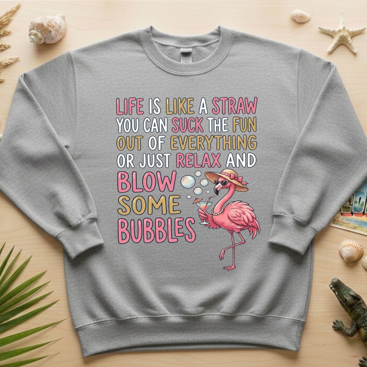 Life Is Like A Straw Blow Bubbles Flamingo T-Shirt - Funny Tropical Summer Vacation Tee for Women - FlamingoAholic