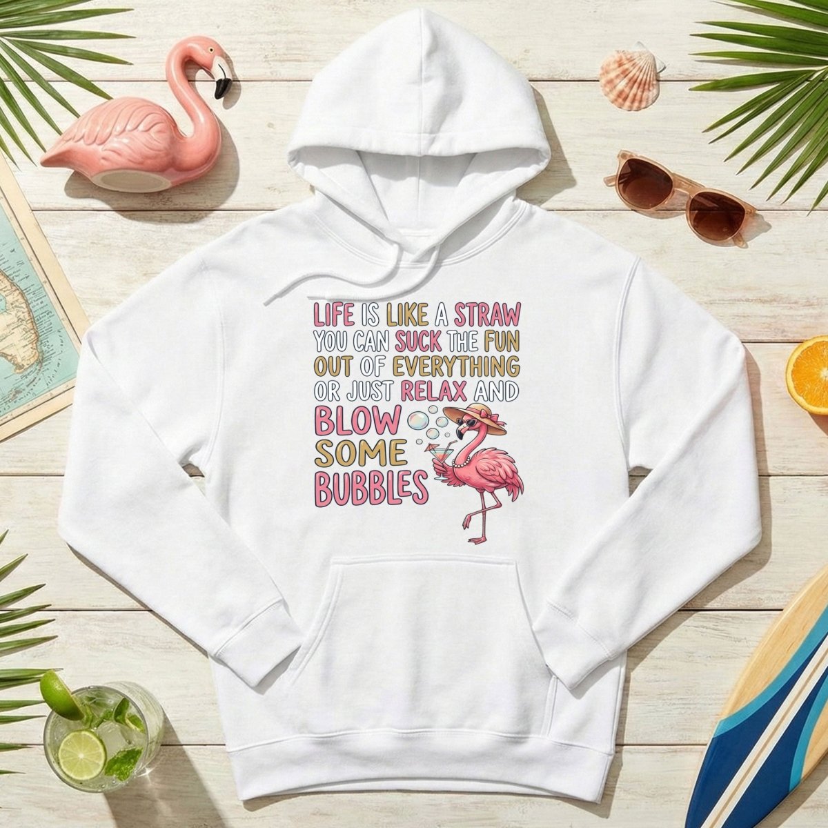 Life Is Like A Straw Blow Bubbles Flamingo T-Shirt - Funny Tropical Summer Vacation Tee for Women - FlamingoAholic